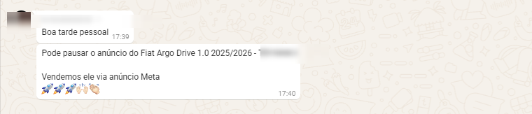 Concessionária avisando que vendeu o Fiat Argo via anúncio Meta