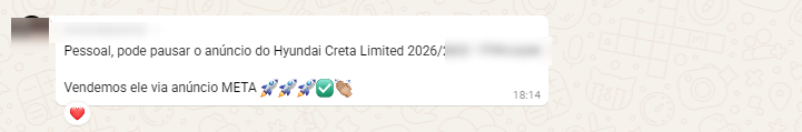 Concessionária avisando que vendeu o Hyundai Creta via anúncio Meta