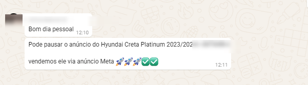 Concessionária avisando que vendeu o Hyundai Creta Platinum via anúncio Meta