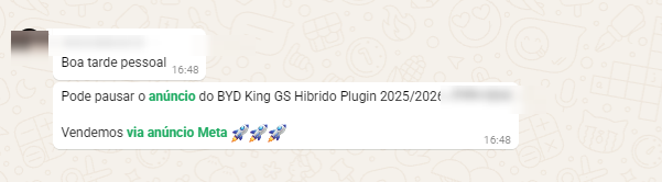 Concessionária avisando que vendeu o BYD King GS Híbrido via anúncio Meta